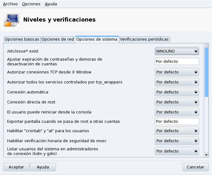 Modificando las opciones estándar de MSEC