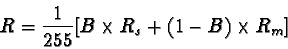 \begin{displaymath}R=\frac{1}{255}[B\times R_s + (1-B)\times R_m]> </DIV><BR clear=all>
<P></P>
là où <I>R</I><SUB><I>s</I></SUB> représente la valeur résultante de Pixel pour 
le mode <TT>Écran</TT> et <I>R</I><SUB><I>m</I></SUB> représente cela pour le mode <TT>Multiplier</TT>.
Cette équation indique que la valeur résultante de Pixel pour le mode <TT>Superposer</TT>
 est une combinaison  des modes <TT>Écran</TT> et <TT>Multiplier</TT>. Le mélange des deux
  modes est proportionnel à la valeur de Pixel de fond.
<P>Ainsi, si le fond est foncé (c'est-à-dire, a une valeur  RVB  proche de zéro dans chacune
 des trois composantes), le résultat du mode  <TT>Multiplier</TT> dominera et le résultat 
 du mode <TT>Écran</TT> sera supprimé. L'opposé est vrai si le Pixel de fond est léger 
 (c'est-à-dire, a une valeur  RVB proche de blanc dans chacune des trois composantes). De
  façon générale, le mode <TT>Superposer</TT> tend à rendre une image plus foncée là où elle 
  est déjà foncée et claire là où elle est déjà claire. La Figure <A href=
