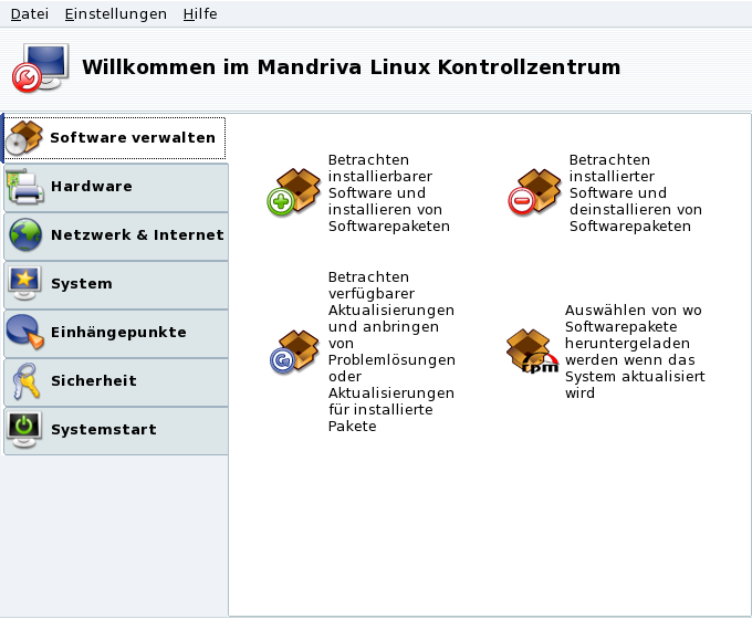 Hauptfenster des Mandriva Linux Kontrollzentrums