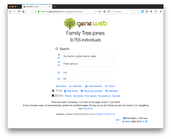 "Screenshot of the welcome page of GeneWeb version 7"