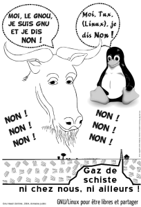 GNU et Tux disent non au gaz de schiste, image noir et blanc