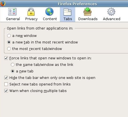 Paramètres Onglets dans Firefox 3.6
